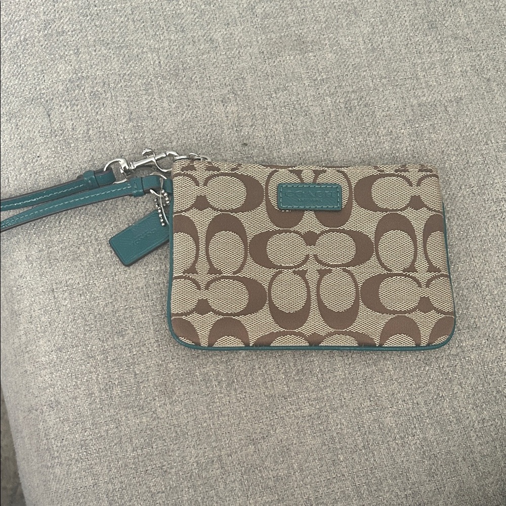 Coach Teal and Brown Patterned Wristlet